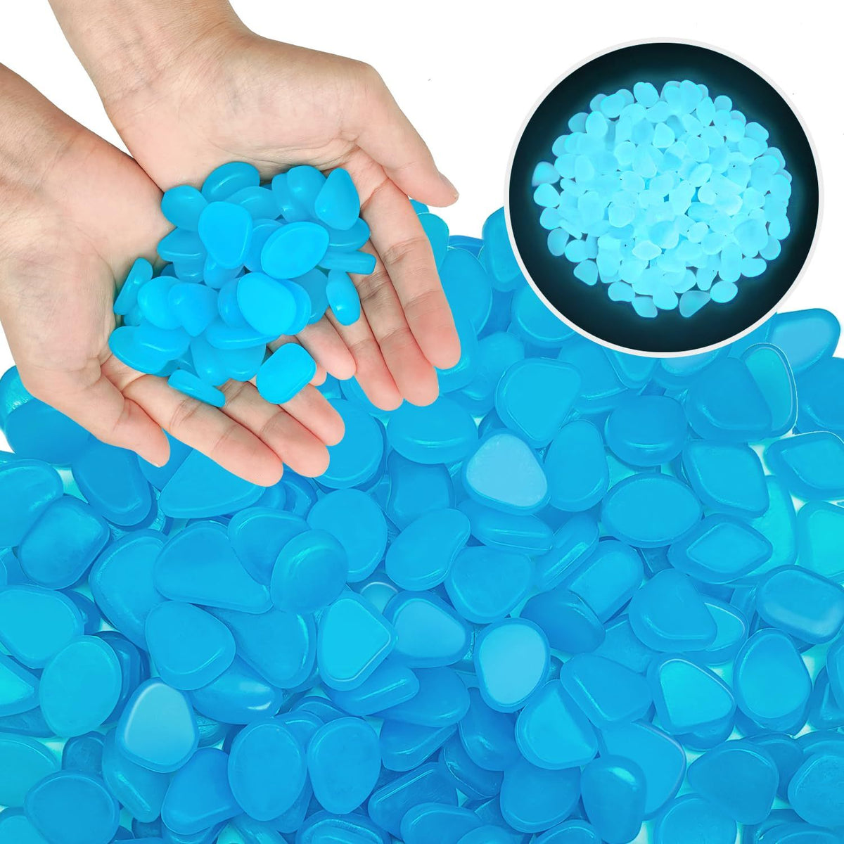 Glow in the Dark Pebbles, 1500 Blue Luminescent Decorative Stones Charged by Sunlight or Lamp Light for Garden Paths and Indoor Displays