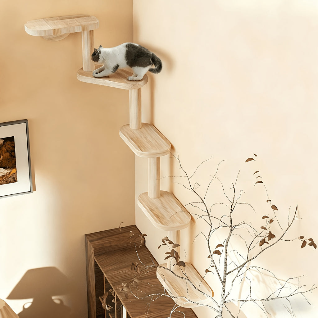 Wooden Cat Wall Steps with Five Levels, Solid Wood Wall-Mounted Cat Climbing Platforms and Indoor Perches for Space-Saving Play and Elevated Rest