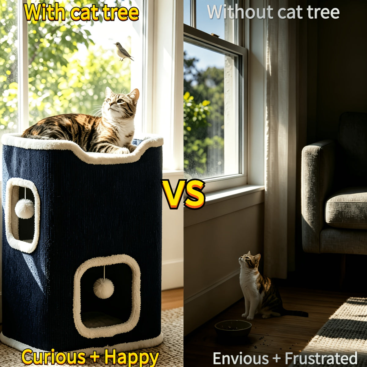 Cat Hideaway Tower with Felt Exterior and Particle Board Frame, Indoor Cat Condo Furniture in One, Three or Four Layers with Optional Bell Ball Bundles