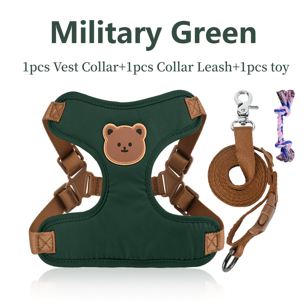 Bear Dog Harness and Leash Set with Cartoon Vest Design, 59-Inch Walking Lead, Green, Khaki or Orange Colors and S or L Sizes