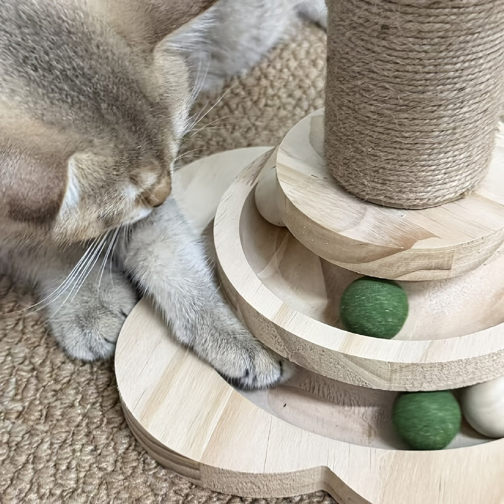 Cat Scratching Post with Ball Track, 18.1 Inch Sisal Scratcher with Hanging Balls and Feather Toy for Indoor Cats and Kittens, Brown