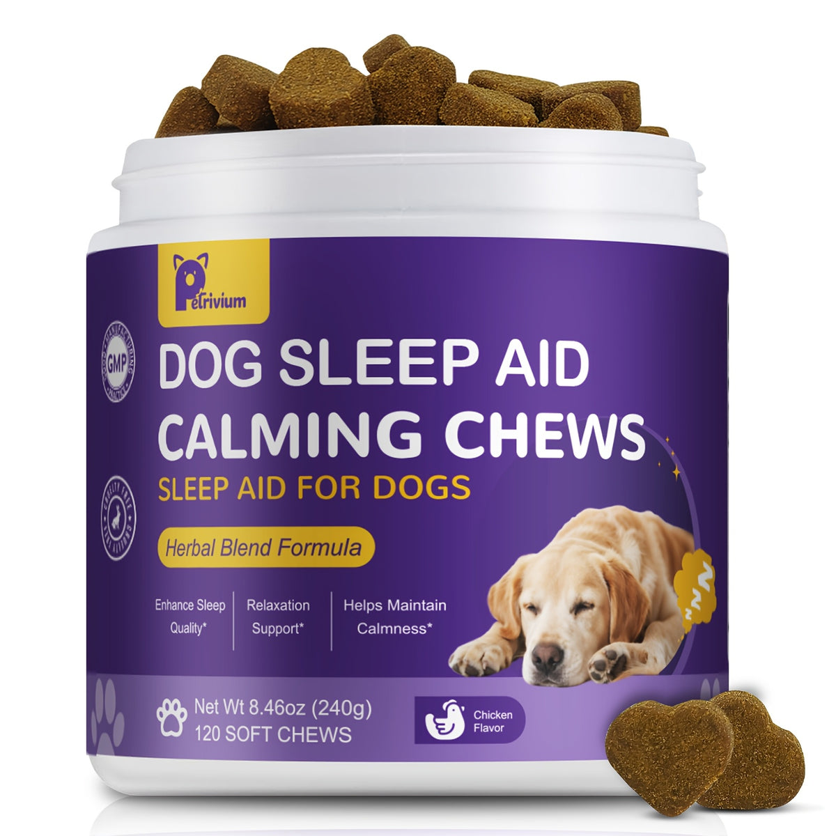 Chicken Flavor Dog Calming Chews, 120 Count Soft Chew Supplement with Herbal Blend Formula in a 240g Jar for Owner-Managed Wellness Routines