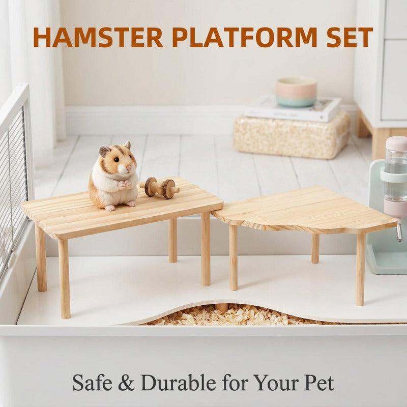 Wooden Hamster Platforms 2 Pack, Small Pet Cage Accessories for Climbing, Playing and Resting, Wood Color Habitat Decor for Golden Hamsters