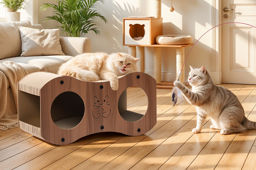 Cat Scratching Post with Integrated Bed and Woven Scratch Pad, Indoor Cat Lounging and Play Furniture with Cat Toy, Oak or Walnut Color Options