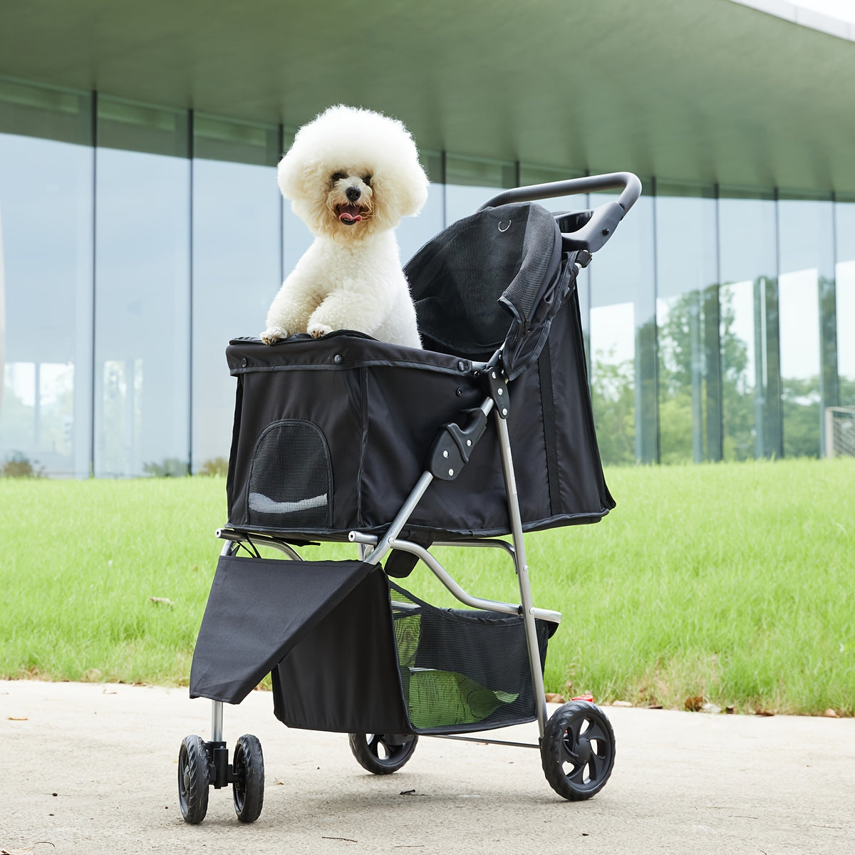 Pet Stroller with Swivel Front Wheel, Three-Wheel Foldable Dog and Cat Pushchair with Mesh Canopy, Storage Basket, Cup Holder and Weather Cover