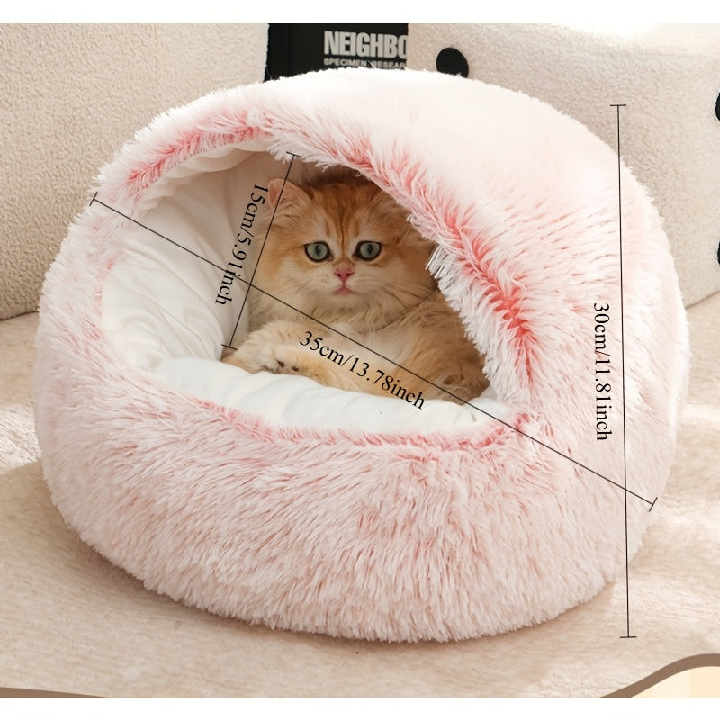 Plush Cat Cave Bed with Shell-Shaped Semi-Enclosed Design, 15.75 Inch Long Plush Pet Nest for Cozy Indoor Rest in Three Color Options