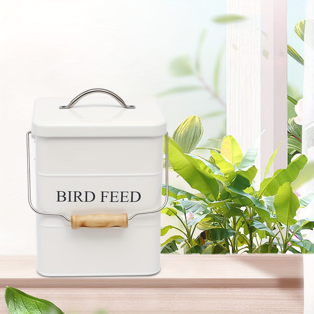 Bird Seed Storage Tin with Lid, Metal Bird Food Container in White or Black, Vintage Farmhouse Style Bucket for Organized Feeding Supplies at Home