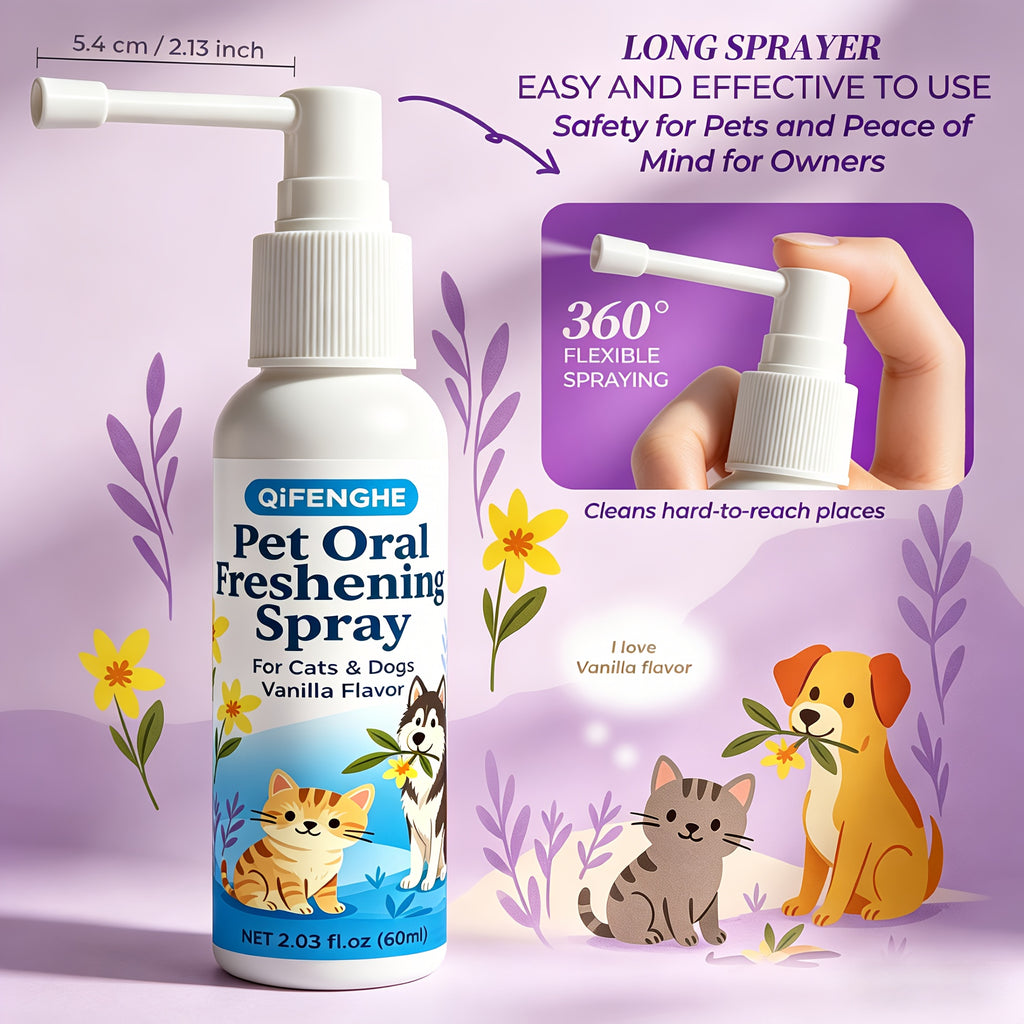 Dog Dental Spray for Dogs and Cats, Vanilla Flavor Pet Breath Freshener in 2.03 fl oz Bottle with Spray Nozzle for At-Home Oral Care Routines