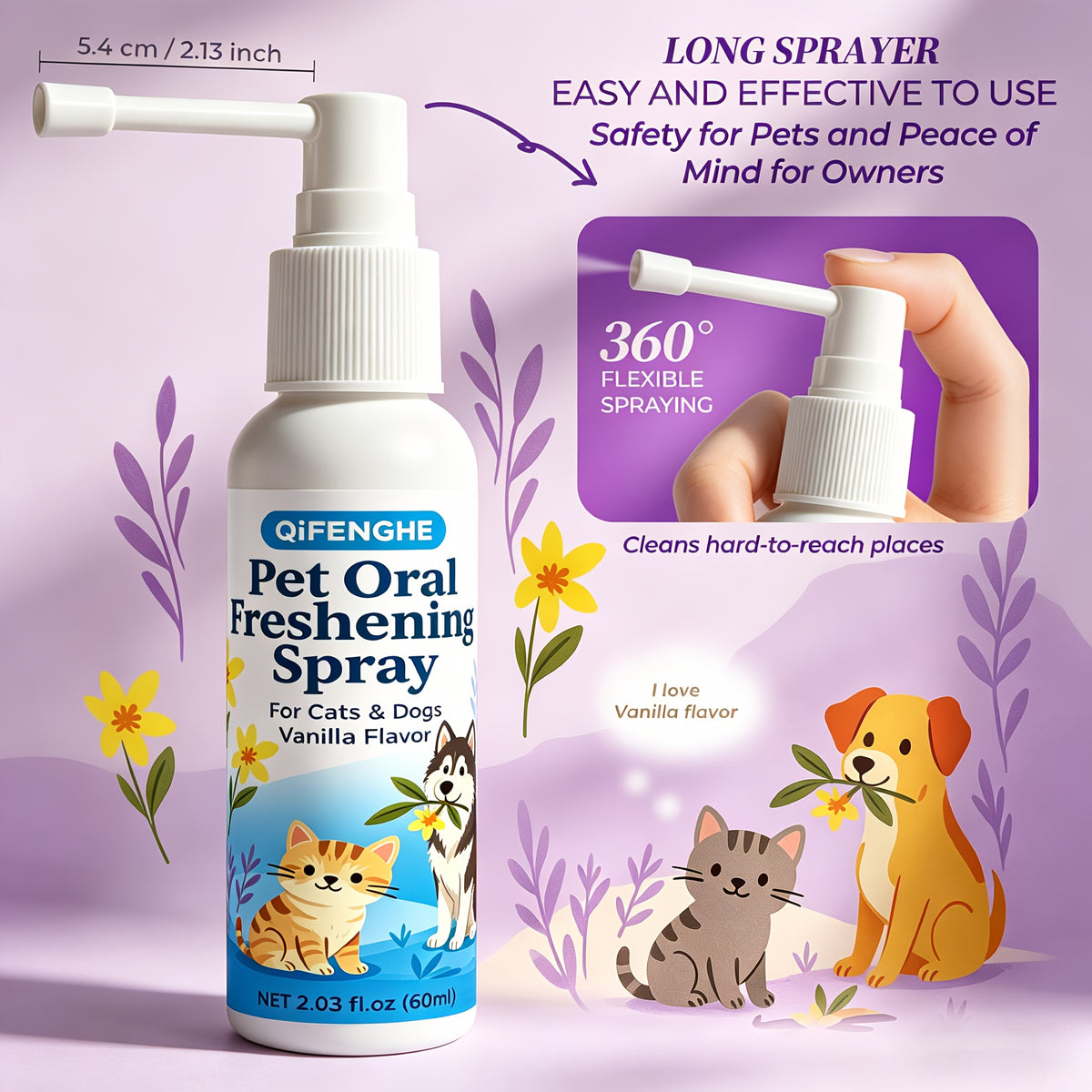Dog Dental Spray for Dogs and Cats, Vanilla Flavor Pet Breath Freshener in 2.03 fl oz Bottle with Spray Nozzle for At-Home Oral Care Routines