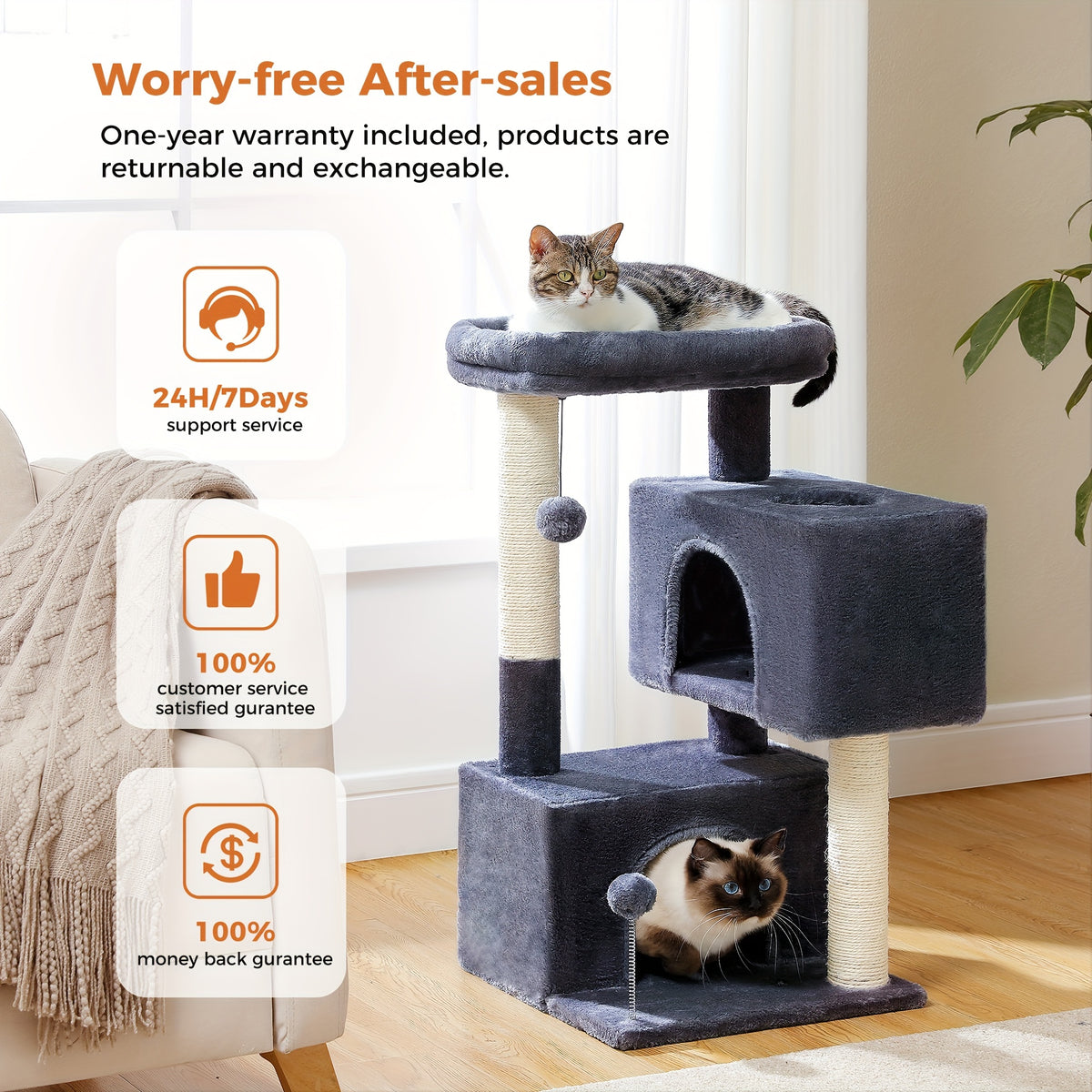 Cat Tree with Two Spacious Condos, 31.5 or 44 Inch Indoor Cat Tower with Washable Top Perch, 3.4 Inch Thick Scratching Posts and Two Play Toys