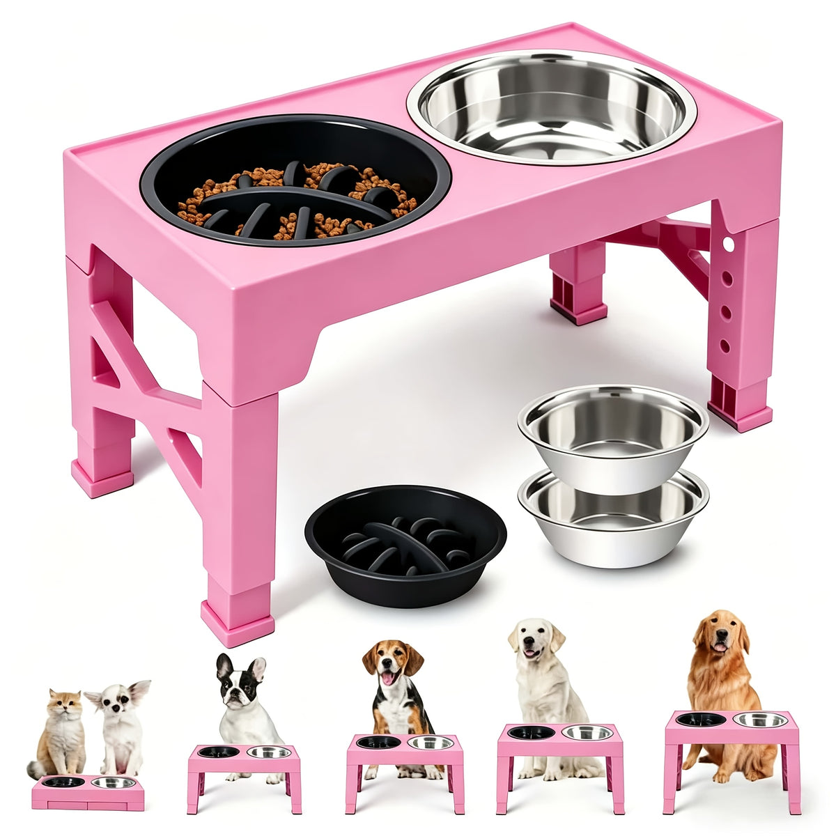 5-Height Dog Bowl Set with Foldable Adjustable Stand, Slow Feeder and Stainless Steel Bowl for Medium and Large Dogs, Black or Pink