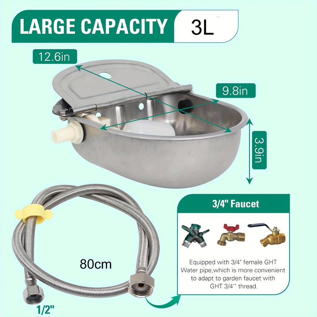 Automatic Livestock Water Bowl 3L, 304 Stainless Steel Drinking Waterer Kit with Pipe, Valve and Quick Connector for Cattle, Horses, Goats and Pigs