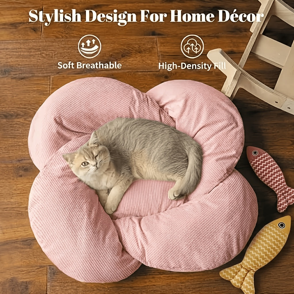 Pink Wooden Cat Lounge Bed with Soft Cushion, Elevated Indoor Pet Sofa Chair in Pink + Two Linen Fish Style for Cat Naps and Cozy Home Lounging