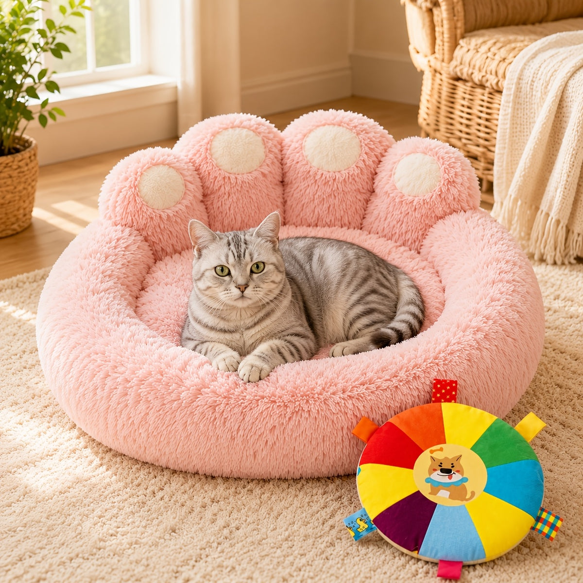 Long Plush Pet Bed with Bear Paw Shape, PP Cotton Filled Dog and Cat Sleeping Cushion with Anti-Slip Bottom, Single Bed and 2PCS Options