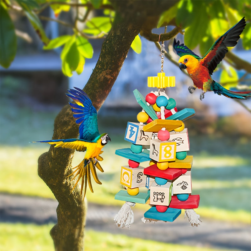 Wooden Parrot Activity Toy with Number and Letter Blocks, Colorful Hanging Bird Chew Toy with Beads and Rope Tassels for Medium and Large Birds