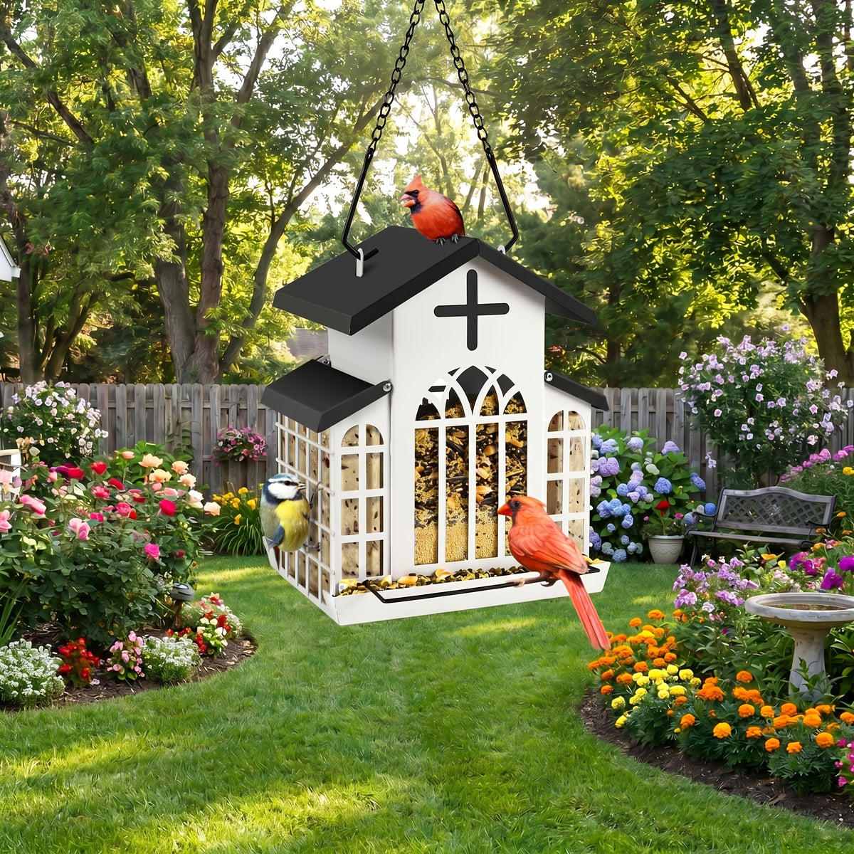 Vintage Metal Bird Feeder for Outside, Triple Mesh Seed Feeding Areas with Hanging Chains and Decorative Window Cut-Outs for Backyard Birdwatching