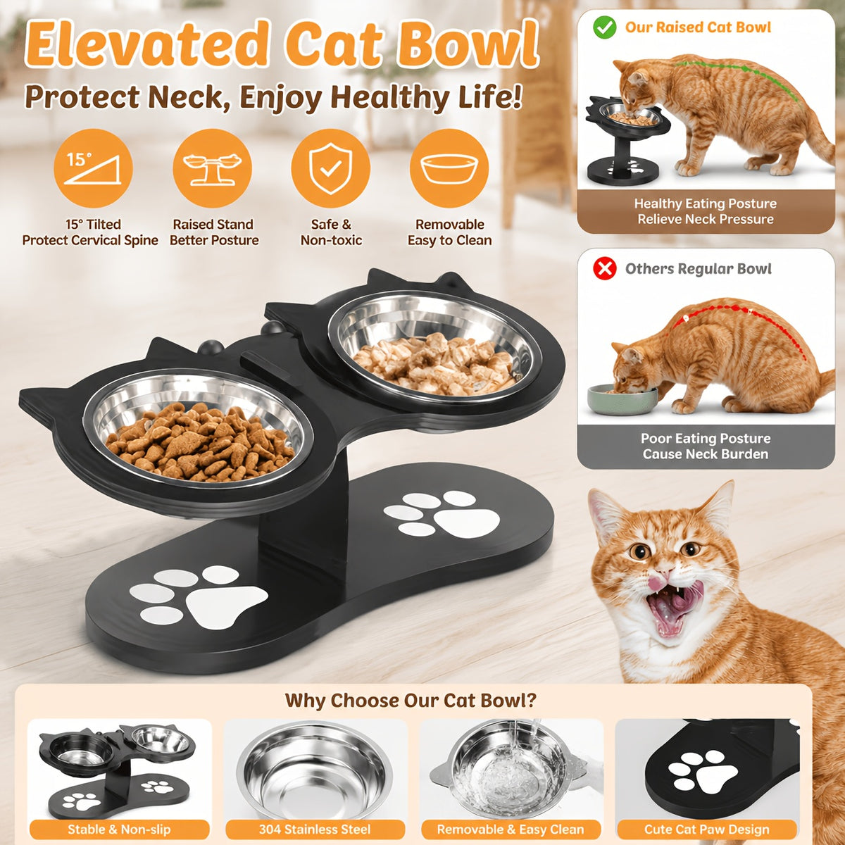 Adjustable Elevated Cat Bowls with 15 Degree Tilt, 2 or 3 Stainless Steel Food and Water Dishes on Black Stand, Standard or Widened Styles