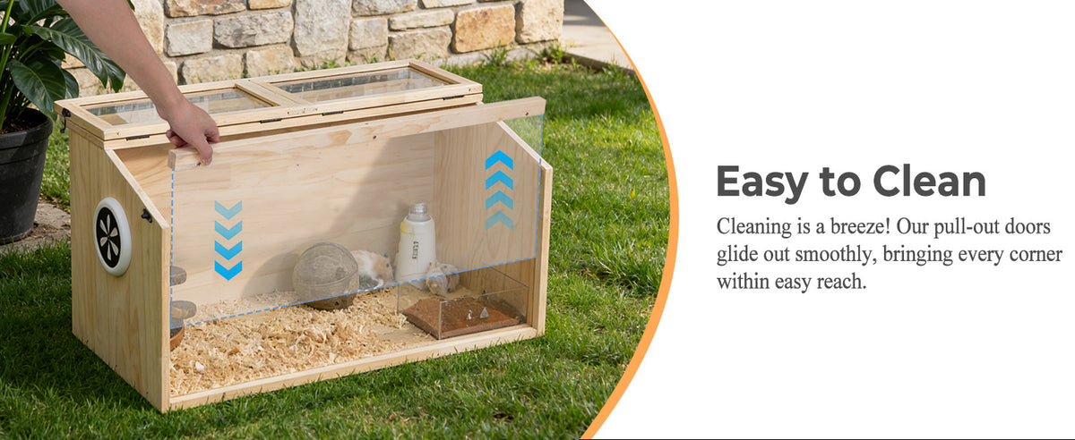 Hamster Habitat Wooden Cage with Clear Acrylic Front, Openable Top and Side Locks, 31.5-Inch Small Pet Enclosure in Natural or Burlywood