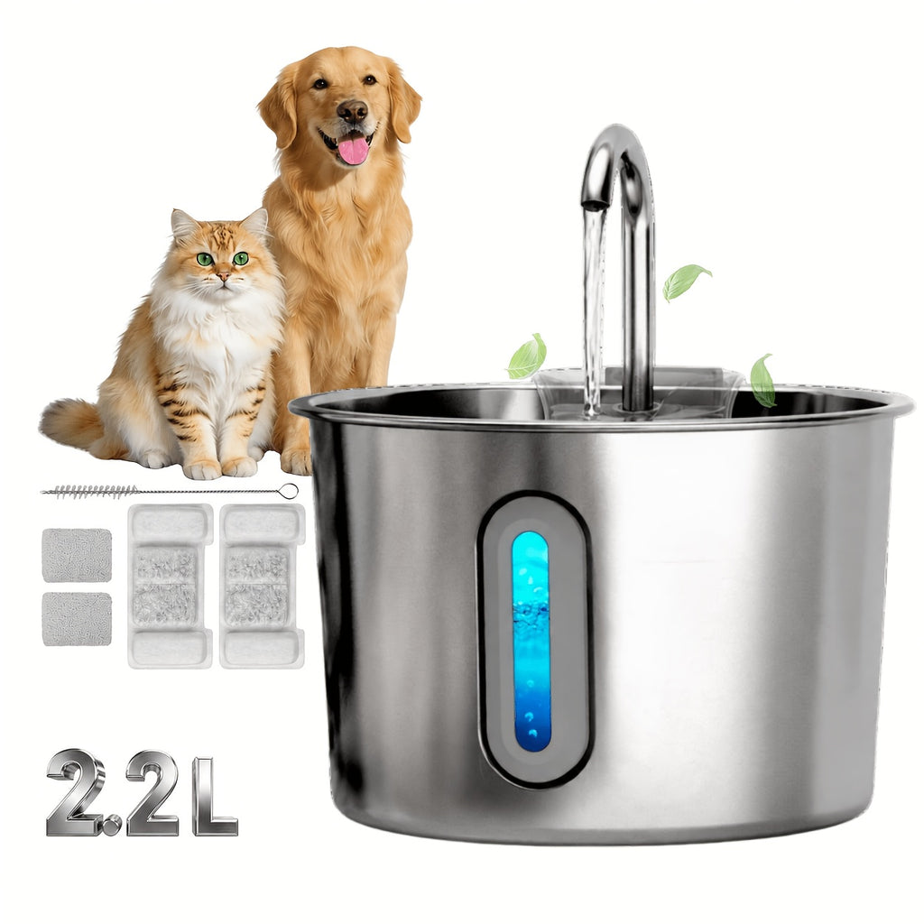 Cat Water Fountain with 3-Stage Filtration, 2.2L 304 Stainless Steel Pet Drinking Dispenser with Quiet USB Pump and Visible Water Level Window
