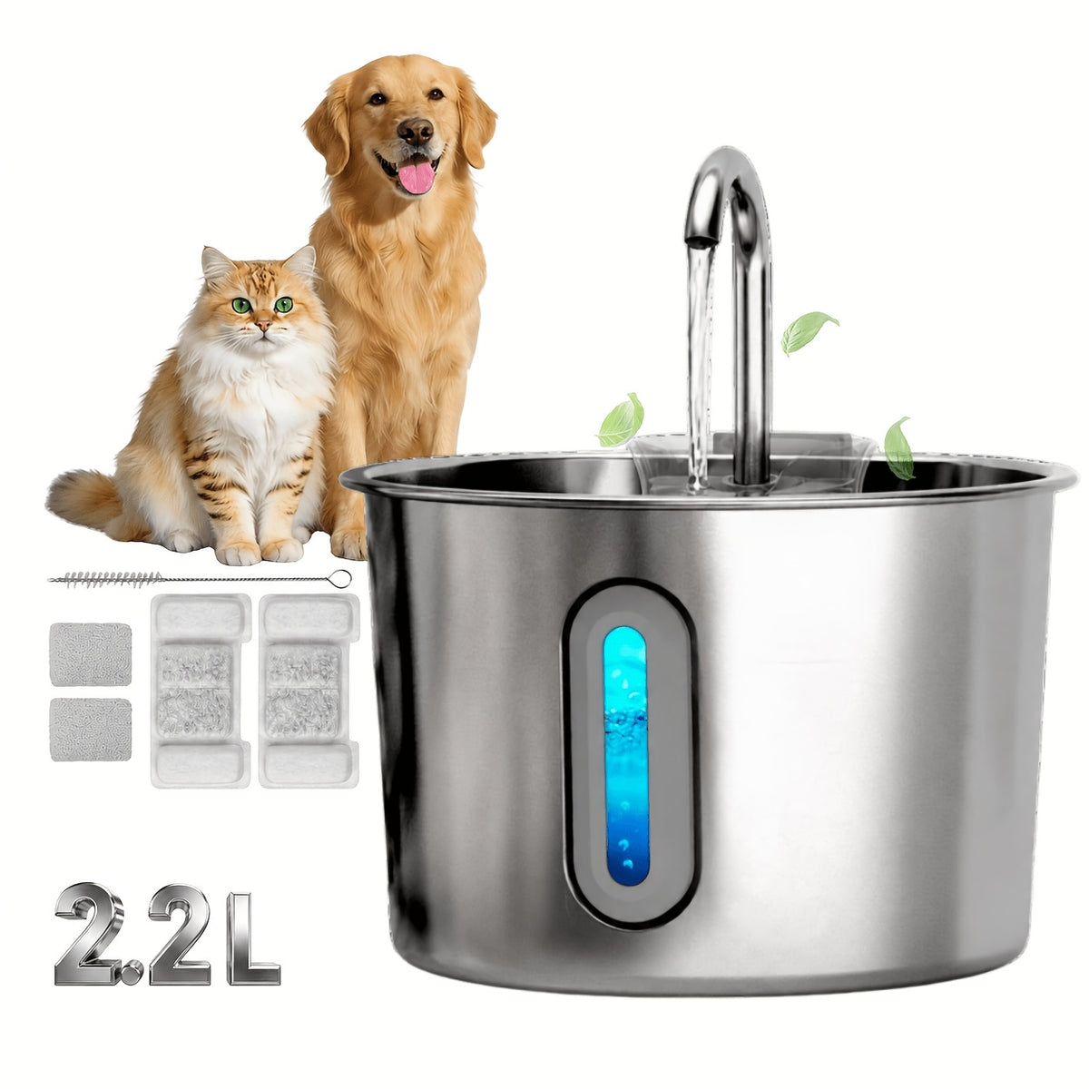 Cat Water Fountain with 3-Stage Filtration, 2.2L 304 Stainless Steel Pet Drinking Dispenser with Quiet USB Pump and Visible Water Level Window