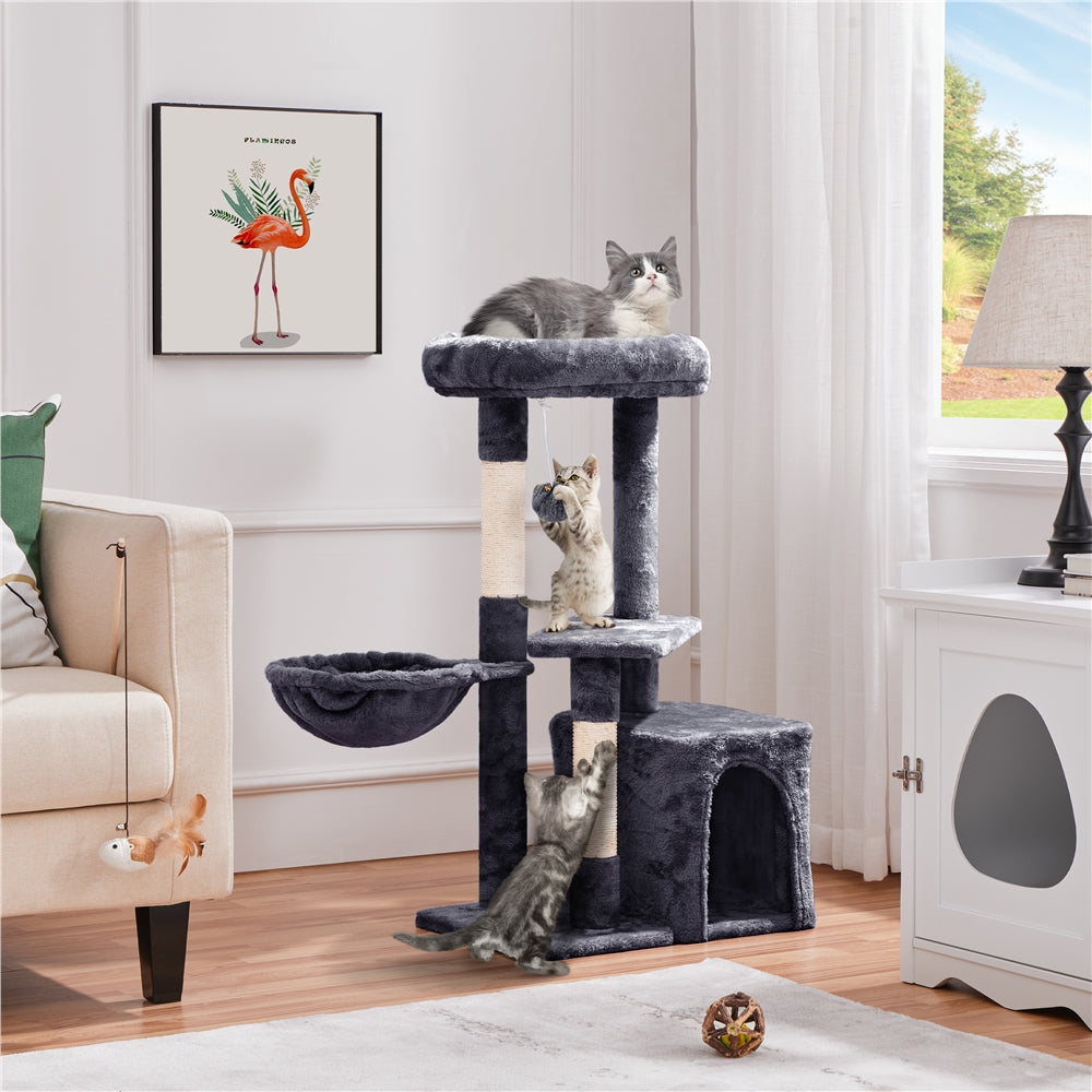Cat Tree 34.5 Inch with Condo and Basket, Plush Indoor Cat Tower with Nest, Platform, Three Sisal Scratching Posts and Scratching Board in Five Colors