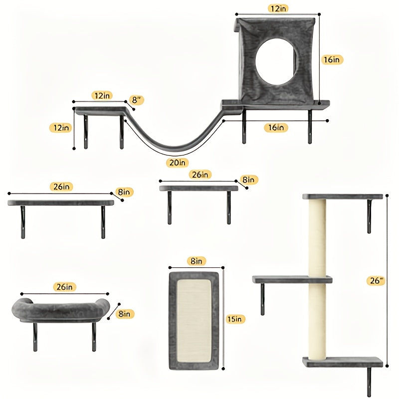 Cat Climbing Wall Shelves Set, Wall-Mounted Indoor Cat Furniture with Condo, Scratching Post, Bridge Ladder and Tunnel for Play and Rest