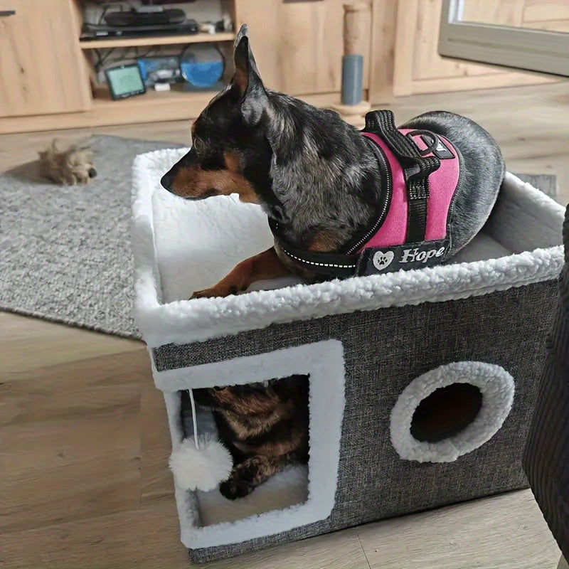 Cat House Cube with Scratching Panel, Foldable Gray Indoor Cat Bed with Top Lounge, Cozy Hideaway, Soft Cushion and Hanging Toy Ball