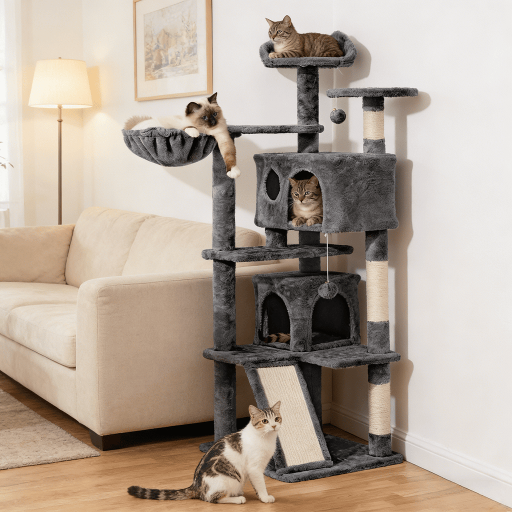 Cat Tree 57 Inch with Two Condos, Plush Multi-Level Indoor Kitten Tower with Round Platform, Ladder and Dangling Ball for Small Cats