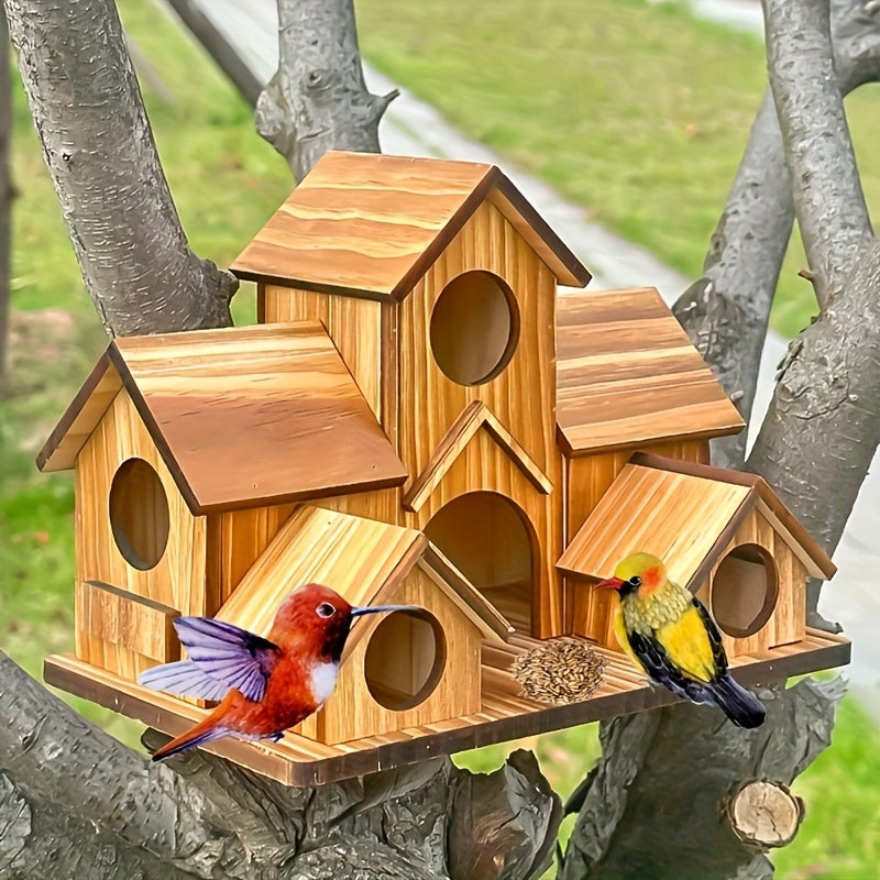 Villa Style Wooden Birdhouse with Multiple Entry Openings, Compact Wood Color Bird House for Outdoor Garden Decor and Bird Lover Gifts