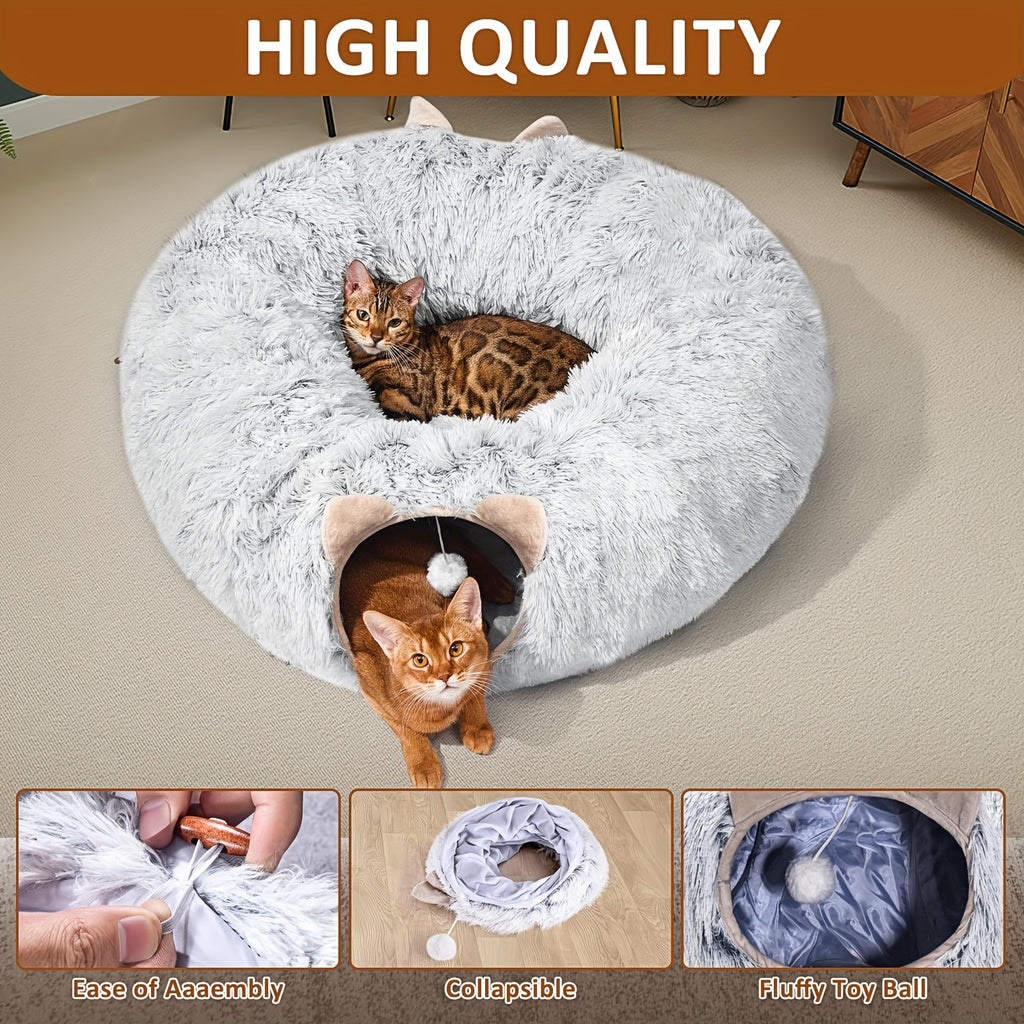 Cat Tunnel with Bed and Pet Scarf, Soft Plush Donut Hideaway with Peekaboo Opening for Indoor Cat Play and Rest, Four Color Options and Holiday Gift Idea