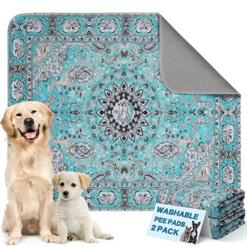 Washable Dog Pee Pads with Teal Medallion Print, 2 Pack Reusable Non-Slip Puppy Potty Training Mats for Floors, Crates and Couch Protection