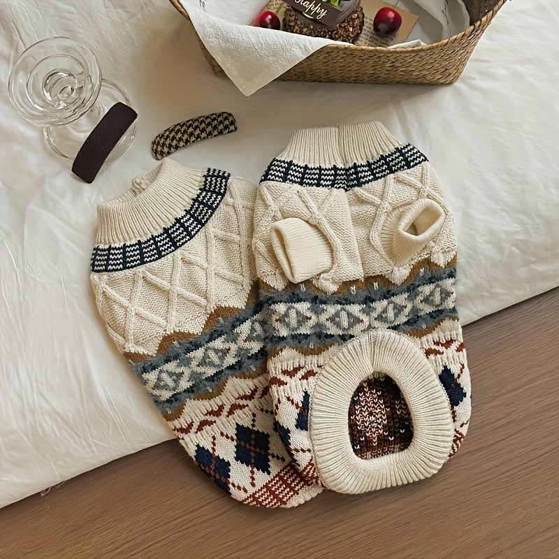 Fair Isle Dog Sweater, Cable Knit Turtleneck Winter Pullover in Beige or Blue, XS-XL Pet Clothing for Cozy Indoor Wear and Cool Weather Walks