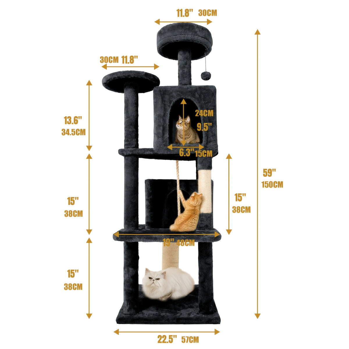 Cat Tower for Indoor Cats 59 Inch, Multi-Level Cat Tree with 2 Condos, Round Top Perch, Sisal Scratching Posts and Hanging Ball Toy, Plush Cat Furniture in 5 Colors