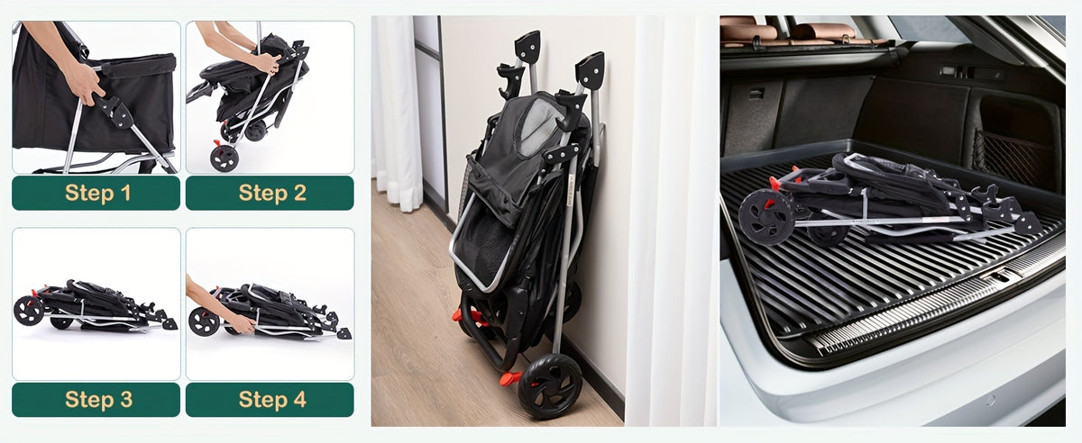 Pet Stroller with Swivel Front Wheel, Three-Wheel Foldable Dog and Cat Pushchair with Mesh Canopy, Storage Basket, Cup Holder and Weather Cover