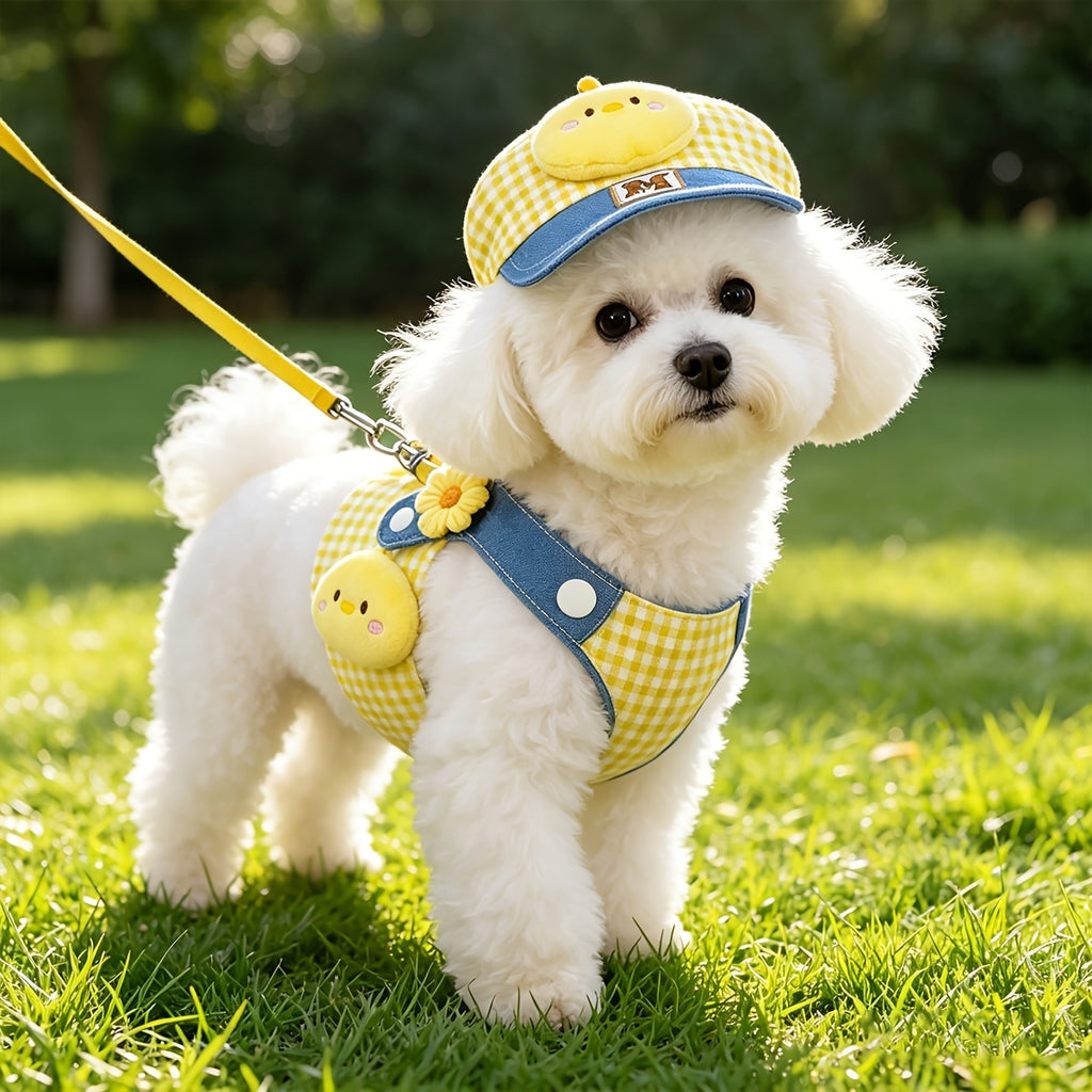 Plaid Dog Harness and Leash Set with Matching Visor Hat, Yellow Gingham Adjustable Mesh Chest Vest for Small to Medium Dogs, XS-XL Walking Outfit