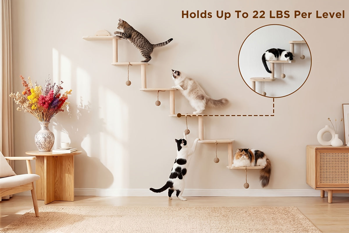 Modular Cat Wall Shelves 6-Piece Set with 5 Toy Balls, DIY Wall-Mounted Cat Tree Furniture for Indoor Climbing, Resting and Scratching