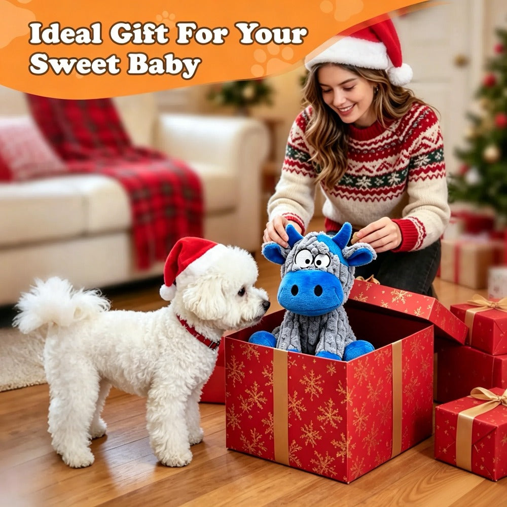Squeaky Cow Dog Toy in Blue and Gray, Battery-Free Plush Puppy Toy for Small and Medium Dogs, Supervised Gentle Tug and Interactive Play