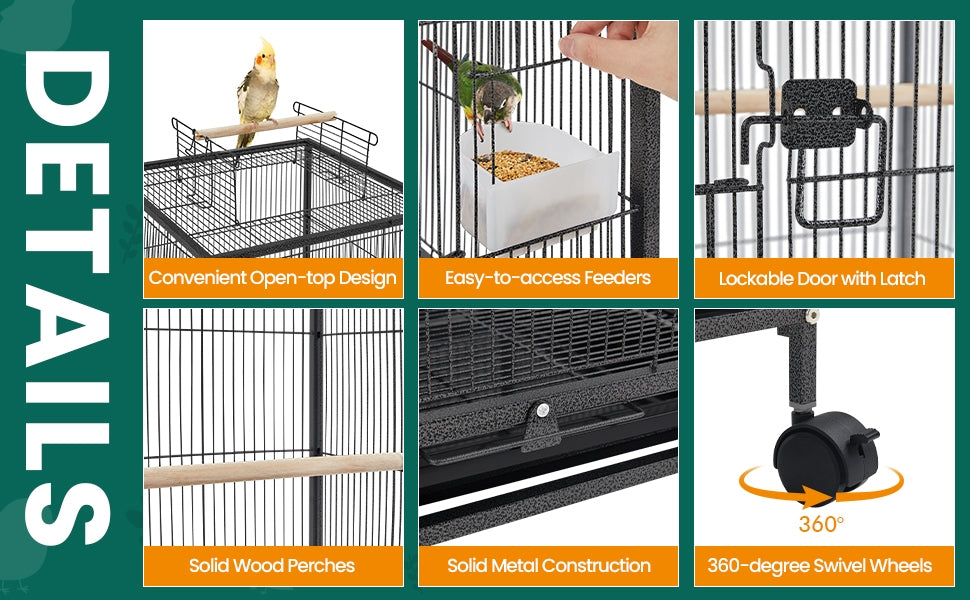 Bird Cage with Rolling Stand, 31-Inch Black Wrought Iron Open-Top Small Bird Habitat with Two Feeders, Three Perches and Slide-Out Tray