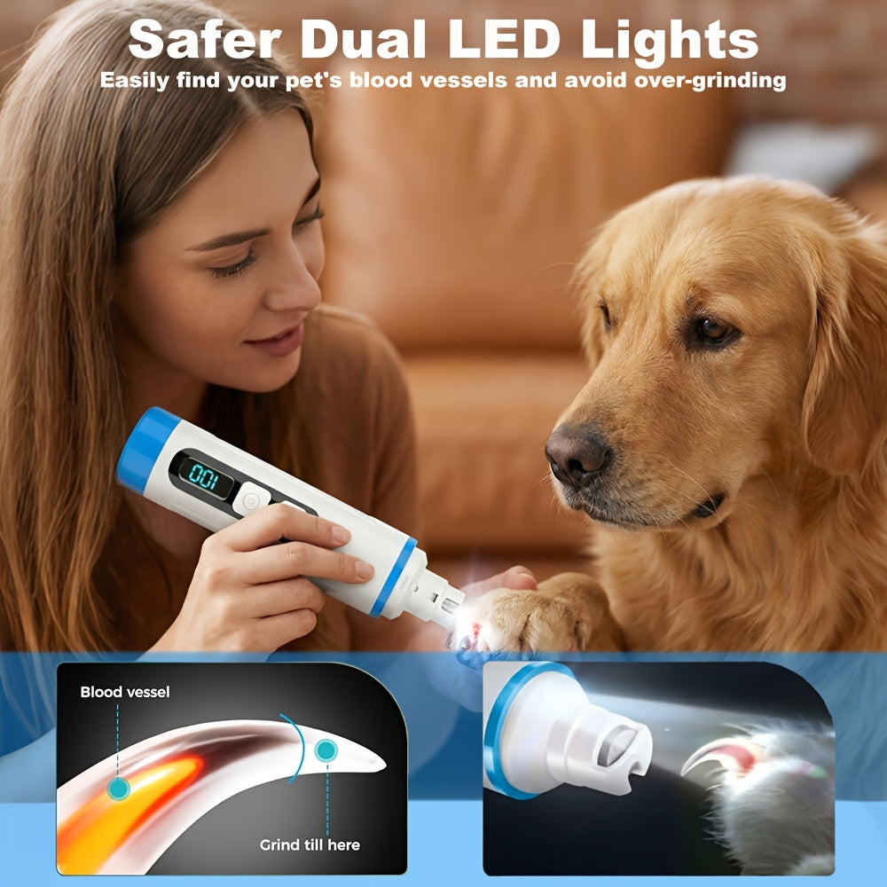 2-Speed Dog Nail Grinder with LED Light, Quiet Rechargeable Electric Pet Nail File and Optional Replacement Wheels for Home Grooming
