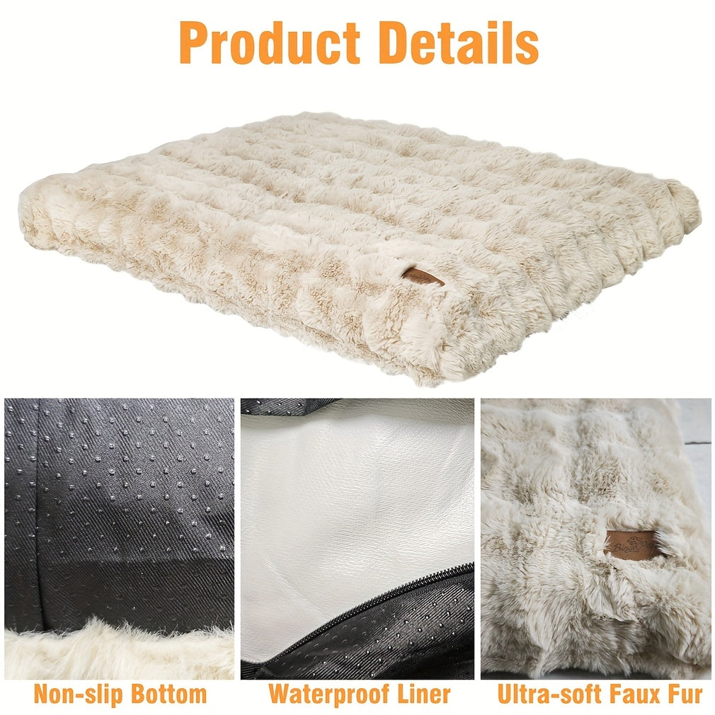 Foam Dog Bed with Waffle-Textured Removable Cover, Polyester Pet Crate Mat in Medium to 3XL Sizes for Indoor Rest, Grey or Khaki and Beige