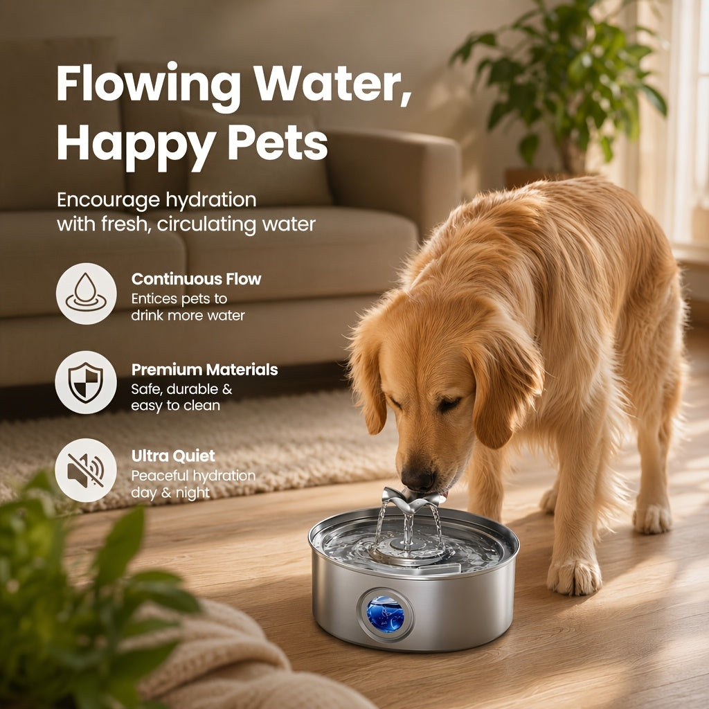 Dog Water Fountain 7L with Flower Head, 304 Stainless Steel Pet Drinking Dispenser with Water Level Window and Filter Bundle Options for Multi-Pet Homes
