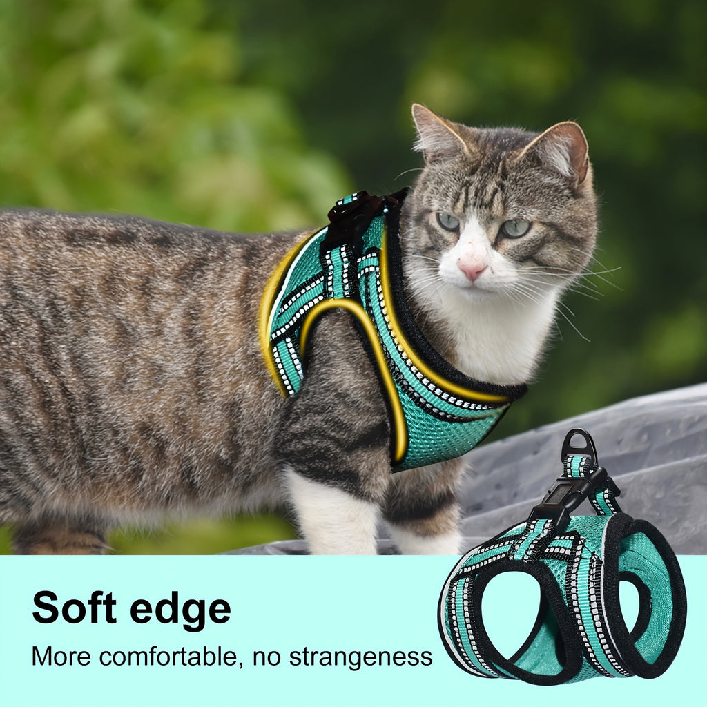 Cat Harness and Leash Set with Reflective Strip, Adjustable Soft Vest for Supervised Kitten and Cat Walks, S or M in Five Color Options