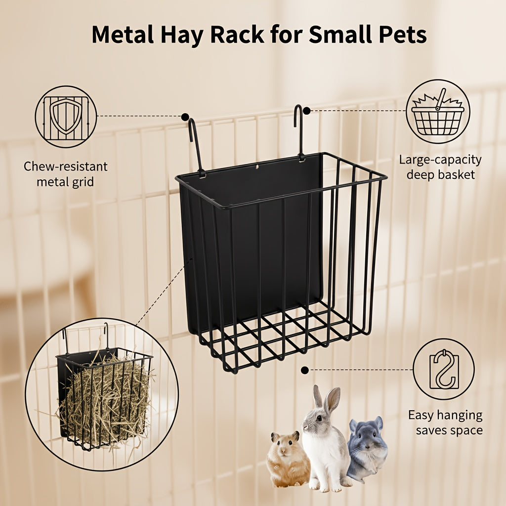 Rabbit Hay Feeder with Hanging Metal Rack, Black Powder-Coated No-Drill Cage Organizer for Guinea Pigs and Chinchillas, Space-Saving Hay Basket
