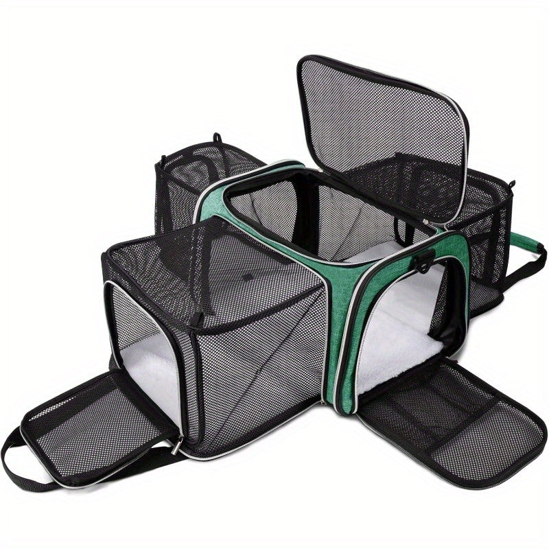 Expandable Cat Carrier Backpack with 3-Sided Expansion and 5-Sided Ventilation, Soft-Sided Foldable Pet Travel Bag with Plush Fleece Pad