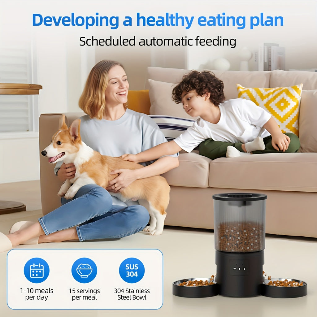 Automatic Cat Feeder for Two Cats, 4.5L WiFi App-Controlled Dry Food Dispenser with Double Bowls and Timed Feeding for Multi-Pet Homes