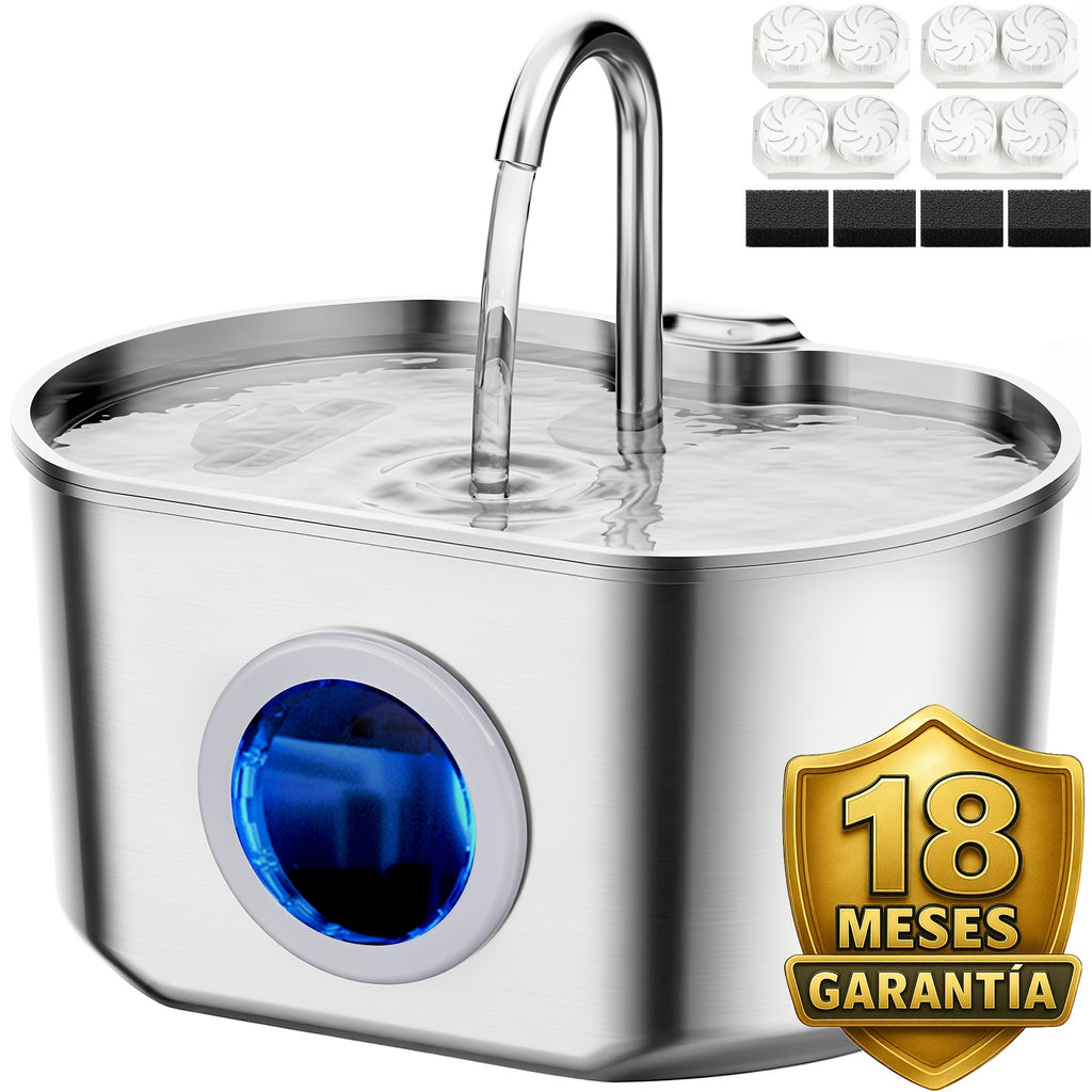 Cat Water Fountain 74oz 2.2L in 304 Stainless Steel, Quiet 5V Pet Drinking Dispenser with Water Level Window and Choice of 1 or 4 Filters