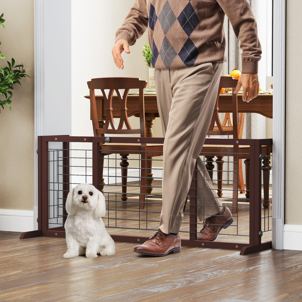Wood Dog Gate with Sliding Width Adjustment, 38–71 Inch Freestanding Pinewood Pet Barrier with Wide Support Base for Indoor Doorways and Hallways