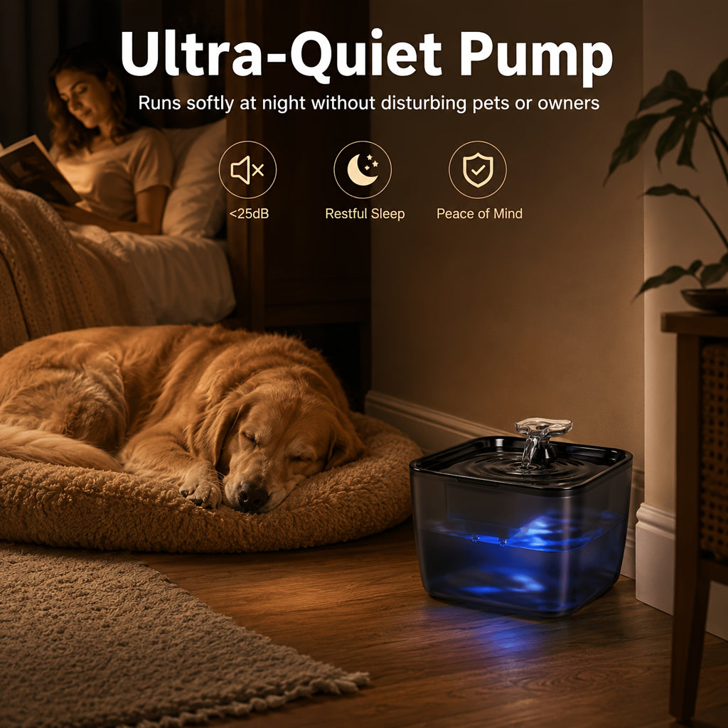 Automatic Pet Water Fountain 8L with Dry-Run Protection, Quiet Plastic Drinking Dispenser for Cats and Dogs with Black or Blue Filter Bundles