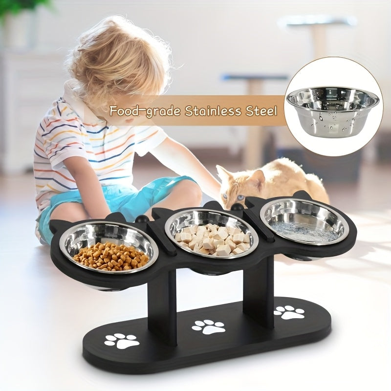 Adjustable Elevated Cat Bowls with 15 Degree Tilt, 2 or 3 Stainless Steel Food and Water Dishes on Black Stand, Standard or Widened Styles