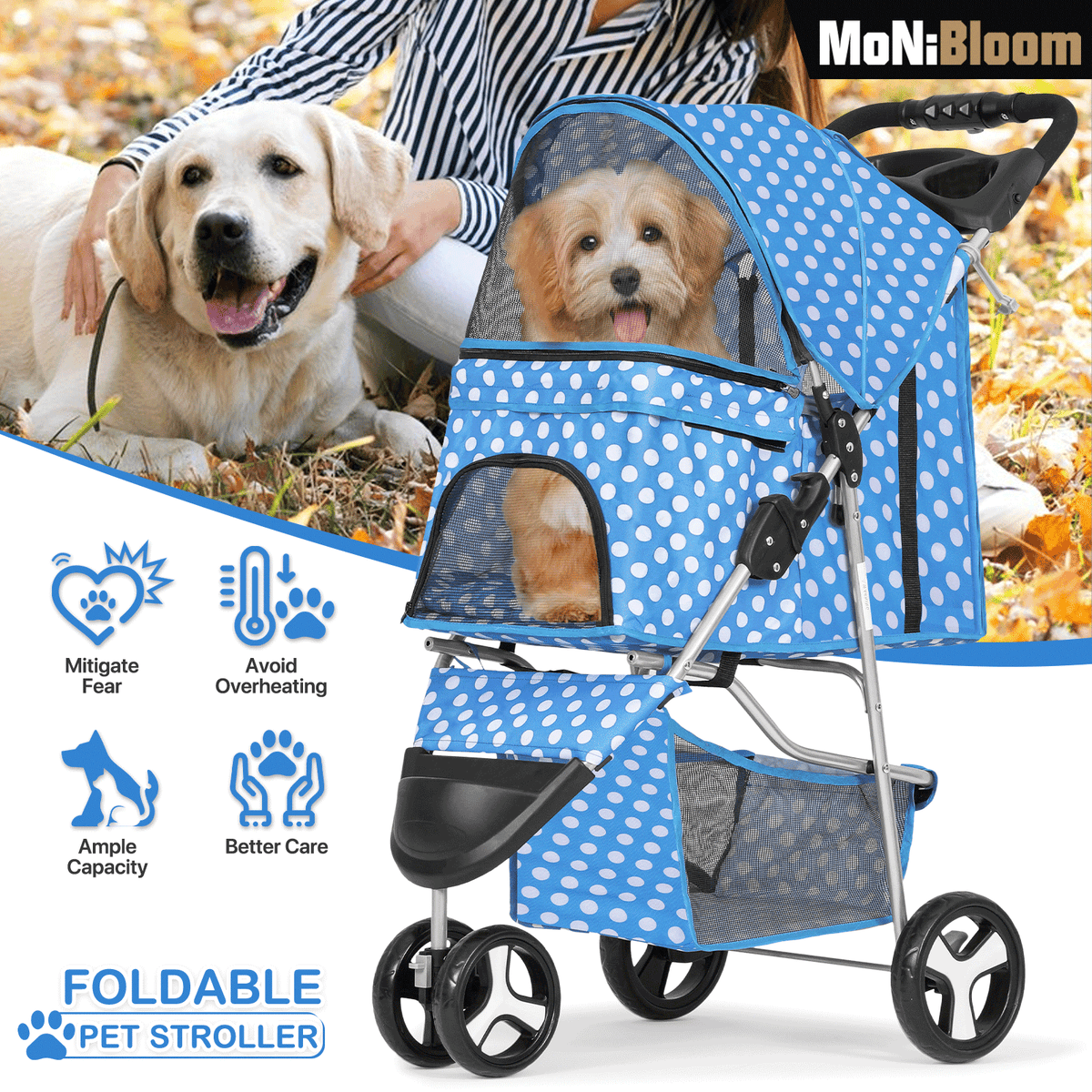 Foldable Dog Stroller for Small Dogs and Cats, 3-Wheel Pet Pushchair with Weather Cover, Breathable Mesh, Storage Basket and Cup Holder